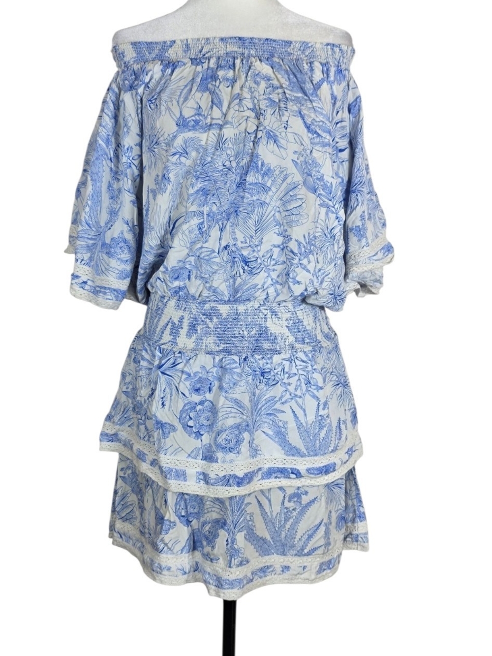 Melissa Odabash Tropical Toile Blue and White Off-Shoulder Tiered Mini Dress